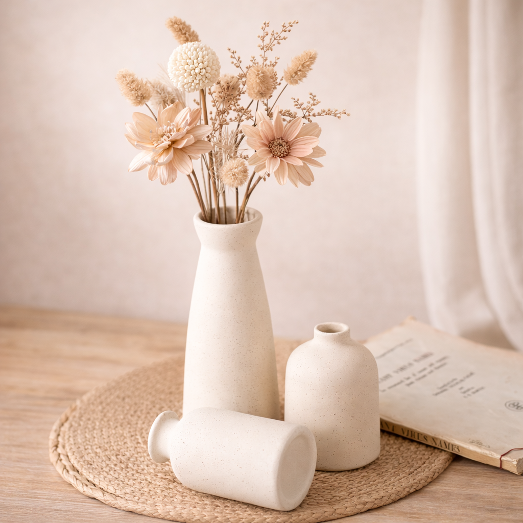 Quiet Beige Ceramic Vessels – A Sculptural Trio